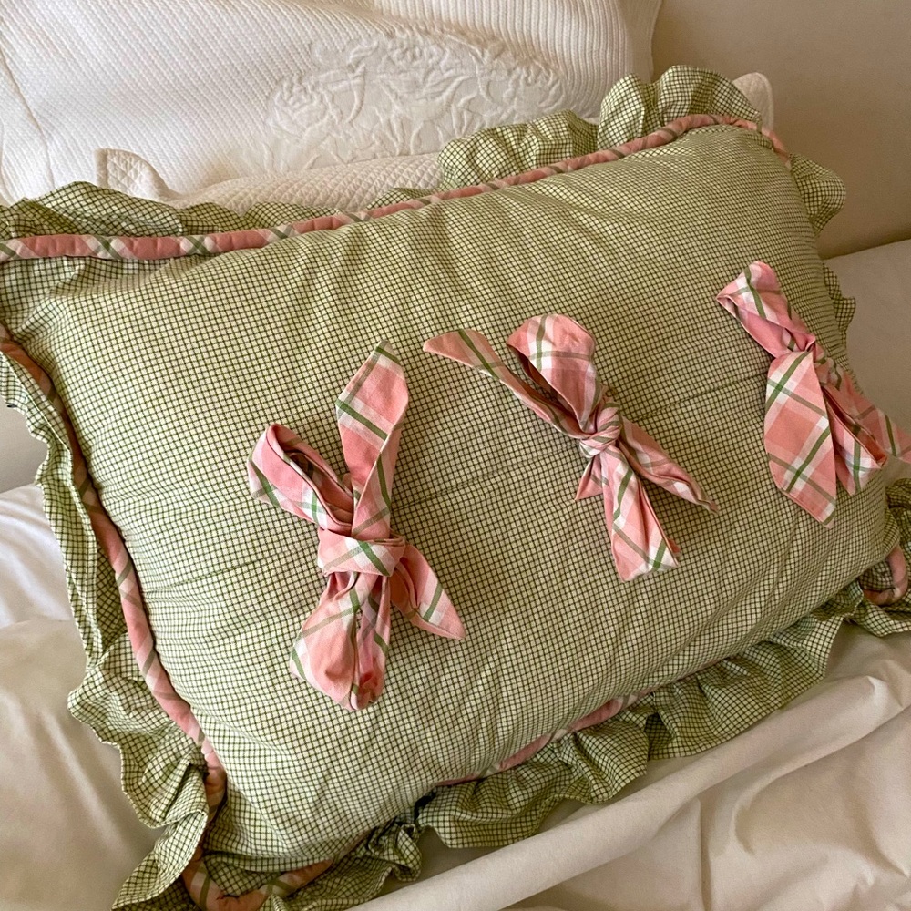 Pink & Green Piped Gingham and Plaid Pillow Sham by Luxury Designer Catfish Bite